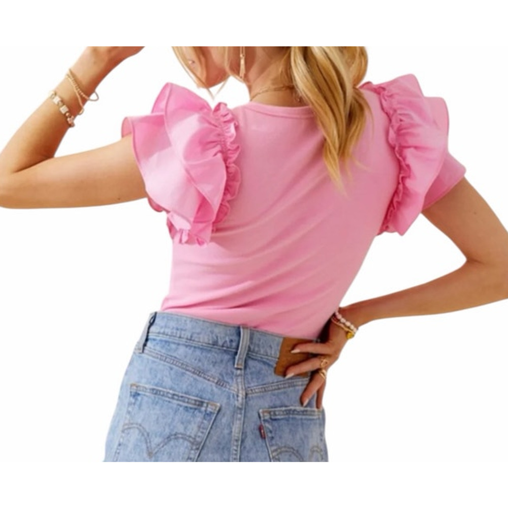 Day+Moon Women's Medium Solid Pink Short Sleeve Ruffle V-Neck Bodysuit - Picture 2 of 8